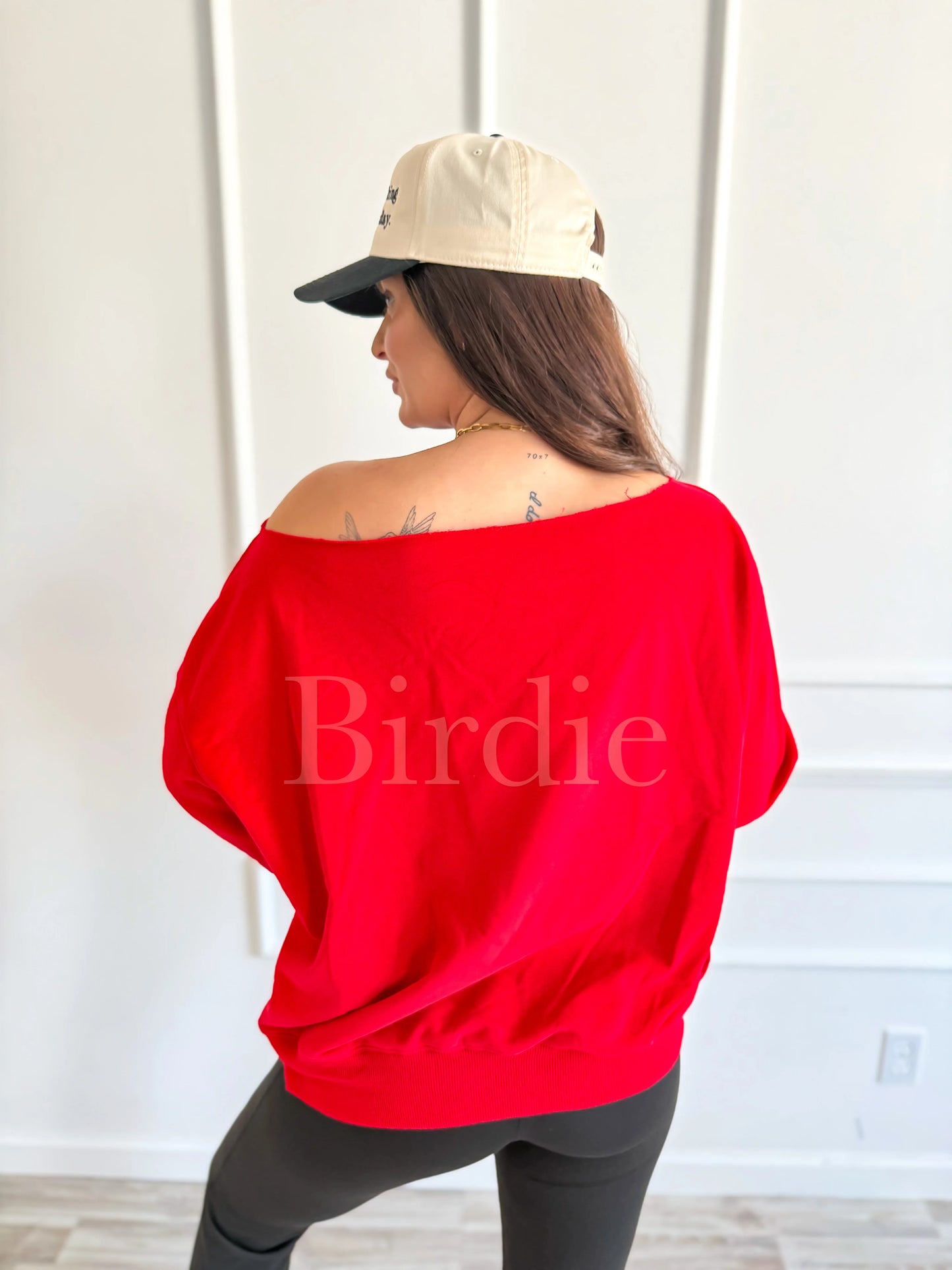 Off-Shoulder Slouchy Pullover in Ruby Rush PRE-ORDER