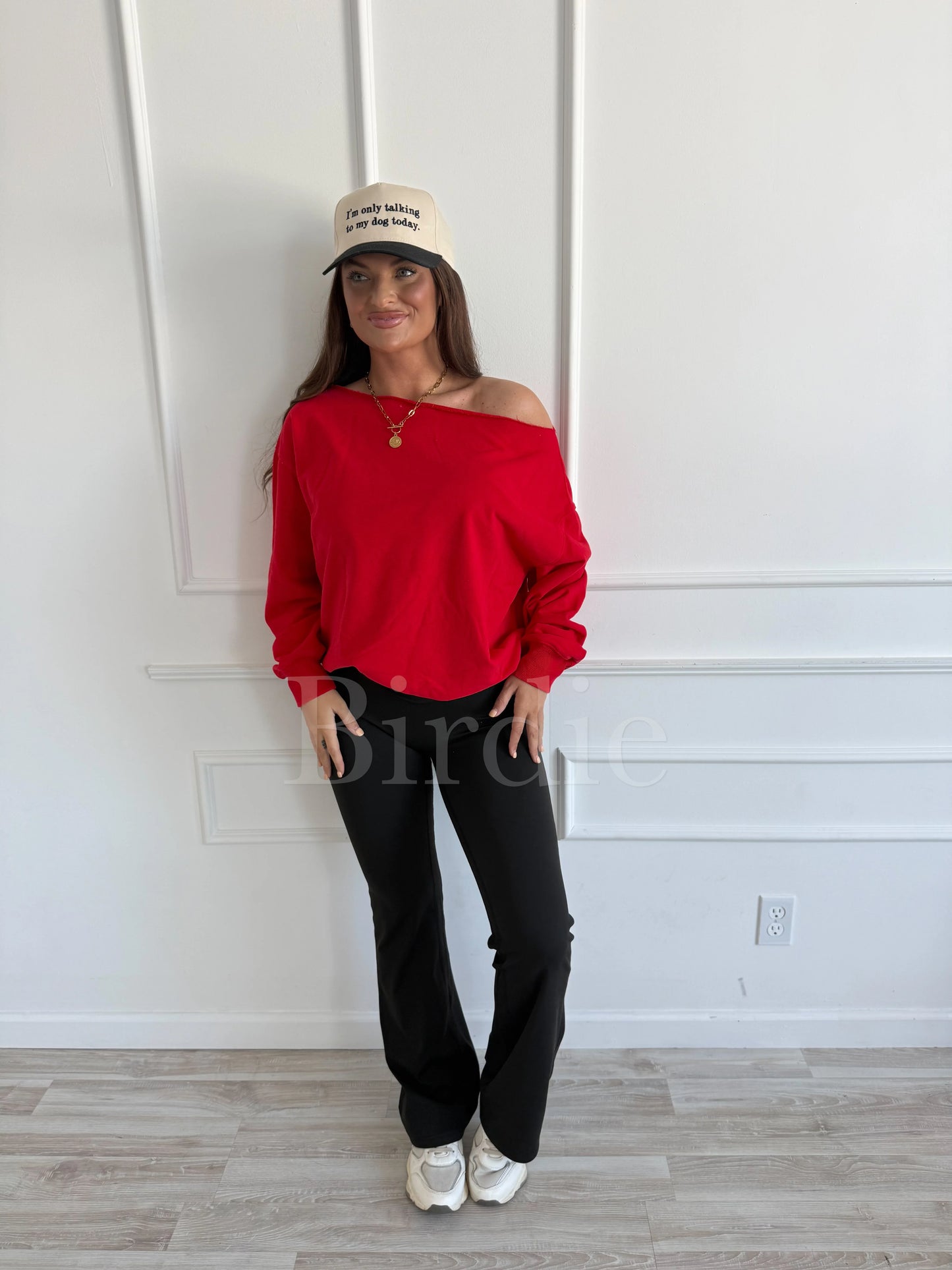 Off-Shoulder Slouchy Pullover in Ruby Rush PRE-ORDER